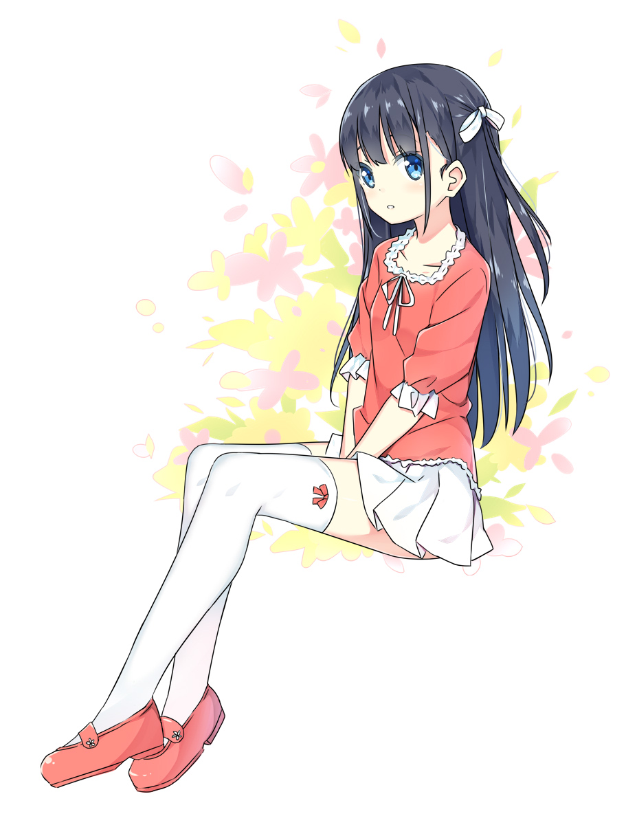 1girl bangs between_legs black_hair blue_eyes blush bow bow_legwear collarbone commentary_request eyebrows_visible_through_hair floral_background full_body hair_bow hand_between_legs hatsunatsu highres long_hair looking_at_viewer looking_to_the_side mary_janes one_side_up original parted_lips pleated_skirt puffy_short_sleeves puffy_sleeves red_bow red_shirt red_shoes ribbon shirt shoes short_sleeves sitting skirt solo thigh-highs v_arms white_background white_bow white_legwear white_ribbon white_skirt