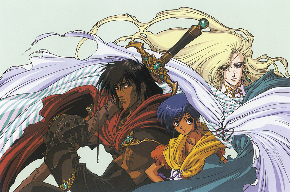 1girl 2boys 90s black_hair blonde_hair blue_eyes blue_hair boice cape dark_skin earrings elbow_gloves expressionless eyes_visible_through_hair floating_hair gloves greaves green_background green_eyes heterochromia holding holding_sword holding_weapon jewelry kaze_no_tairiku lakshi long_hair looking_at_viewer multiple_boys official_art sheath sheathed short_hair simple_background smile sword tieh weapon yuuki_nobuteru