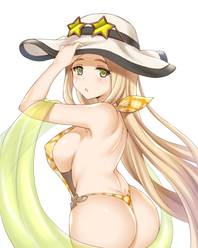1girl ass blonde_hair blush breasts dimples_of_venus diola_(granblue_fantasy) erect_nipples from_behind granblue_fantasy green_eyes hand_on_headwear hat lang_(chikage36) large_breasts long_hair looking_back open_mouth simple_background slingshot_swimsuit solo star-shaped_glasses swimsuit very_long_hair white_background