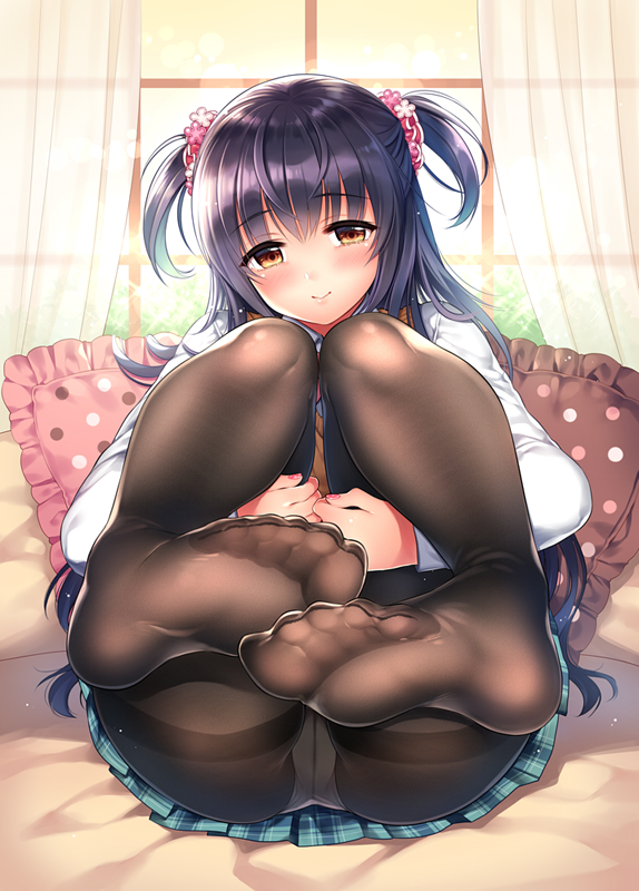 1girl ass bed black_hair black_legwear brown_eyes crotch_seam dress_shirt leg_hug long_hair looking_at_viewer no_shoes on_bed original panties panties_under_pantyhose pantyhose pillow plaid plaid_skirt sasachin_(k+w) scrunchie shirt skirt smile solo two_side_up underwear