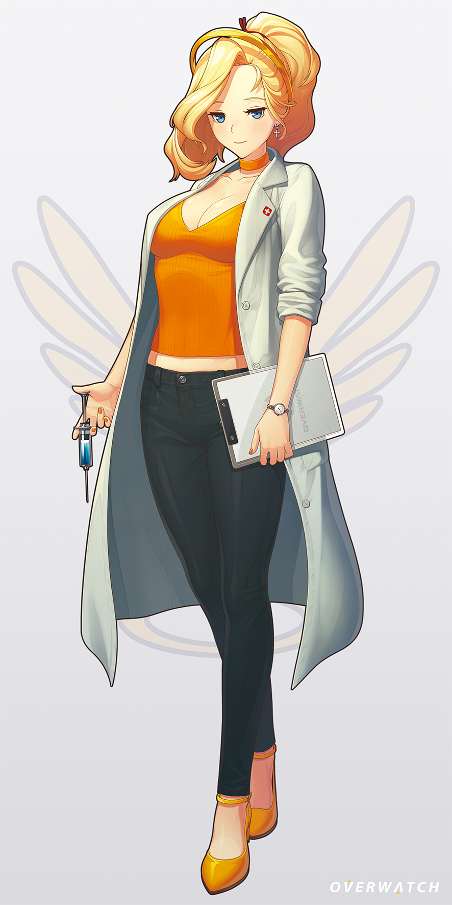 1girl 782 arms_at_sides black_pants blonde_hair blue_eyes blush breasts buttons choker cleavage clipboard closed_mouth collarbone copyright_name cross cross_earrings earrings eyelashes fingernails full_body hair_ornament hair_tie high_heels highres holding holding_syringe jewelry jitome labcoat legs_crossed long_hair looking_at_viewer mechanical_halo medium_breasts mercy_(overwatch) nail_polish no_bra orange_choker orange_nails orange_shirt orange_shoes overwatch pants ponytail red_cross ribbed_shirt shirt shoes smile solo standing syringe watch watch watson_cross