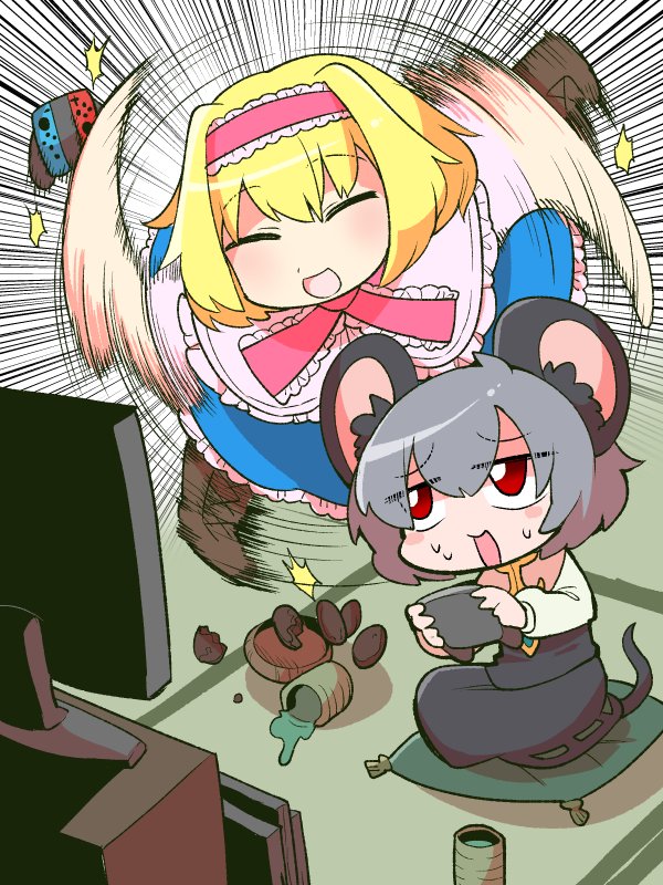 2girls :d alice_margatroid animal_ears blonde_hair blush boots cross-laced_footwear cup dress food frilled_dress frills green_tea grey_hair headband lace-up_boots mouse_ears mouse_tail multiple_girls nazrin nintendo nintendo_switch open_mouth pillow red_eyes smile spilled spinning sweat syowahoka tail tatami tea teacup television touhou