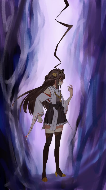 10s 1girl ahoge black_skirt blue_background brown_hair brown_legwear clenched_hand closed_mouth detached_sleeves double_bun from_side full_body hakama_skirt headgear huge_ahoge hunter_x_hunter kantai_collection kongou_(kantai_collection) long_hair looking_to_the_side mushi_gyouza nontraditional_miko ribbon-trimmed_sleeves ribbon_trim sash shaded_face skirt solo standing thigh-highs violet_eyes