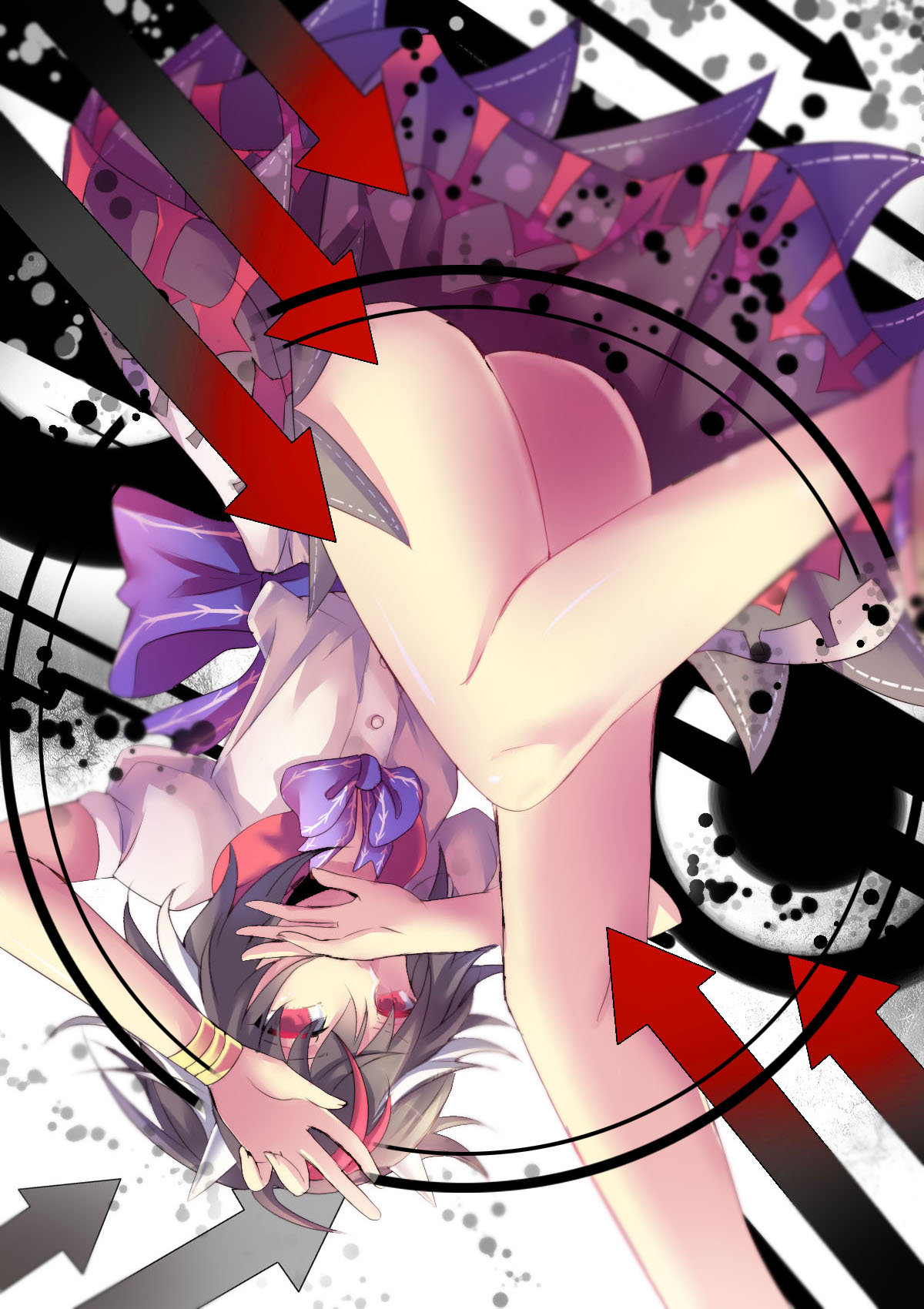 1girl ass black_hair bracelet covering_mouth directional_arrow dress highres horns jewelry kijin_seija looking_at_viewer multicolored_hair nga_(artist) no_panties puffy_short_sleeves puffy_sleeves red_eyes redhead short_hair short_sleeves solo streaked_hair touhou upside-down upskirt white_hair