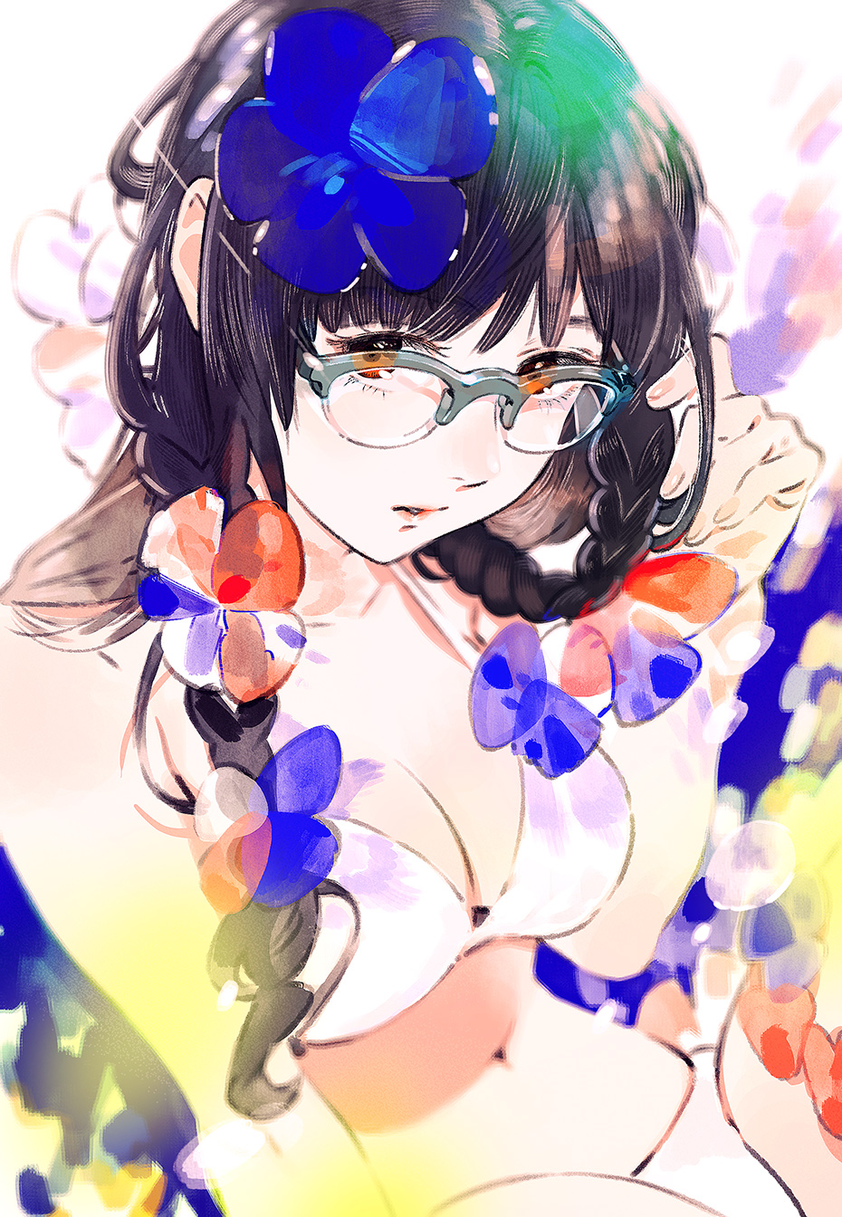1girl arm_at_side bangs bikini black_hair blue_flower blunt_bangs braid breasts brown_eyes brown_hair cleavage collarbone eyelashes fingernails flower from_above glasses grey-framed_eyewear hair_flower hair_ornament hair_twirling highres large_breasts lips long_fingernails long_hair looking_at_viewer medium_breasts nail_polish navel nose original parted_lips pink_lips pink_nails revision semi-rimless_glasses sidelocks simple_background sitting solo stomach swimsuit teeth twin_braids umishima_senbon under-rim_glasses white_background white_bikini