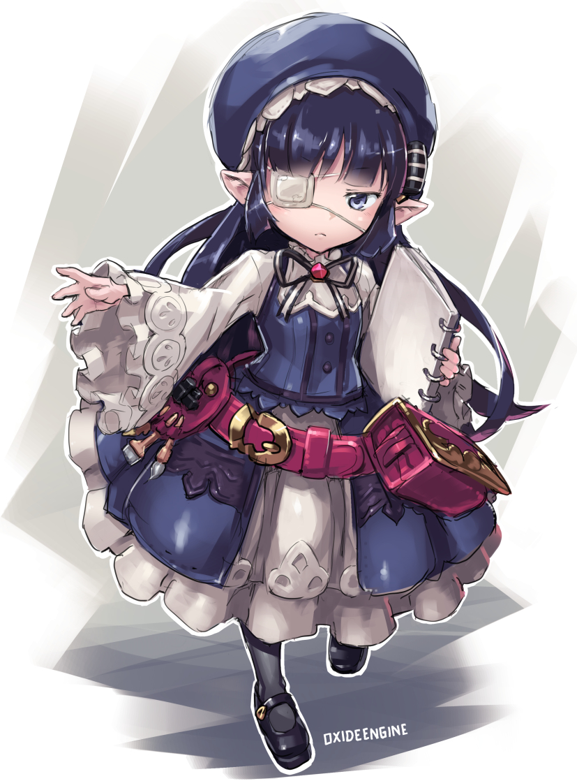 &gt;:( 1girl belt black_hair black_legwear black_shoes blue_eyes book closed_mouth dress eyebrows_visible_through_hair eyepatch frilled_sleeves frills frown full_body granblue_fantasy harbin holding holding_book long_hair long_sleeves lunaru_(granblue_fantasy) mary_janes pointy_ears pouch shoes sketch solo tomonao wide_sleeves