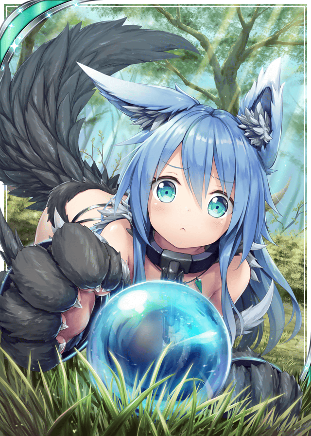 1girl akkijin animal_ears bare_shoulders blue_eyes blue_hair card_(medium) cuffs day grass long_hair looking_at_viewer outdoors paws shackles shinkai_no_valkyrie solo sphere squall_(shinkai_no_valkyrie) sunlight tail tree wolf_ears wolf_tail