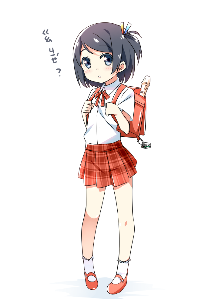 1girl :o backpack bag bag_charm black_hair blue_eyes blush collared_shirt commentary_request eyebrows_visible_through_hair full_body hair_ornament hatsunatsu instrument krt_girls looking_at_viewer mary_janes neck_ribbon one_side_up original parted_lips plaid plaid_ribbon plaid_skirt pleated_skirt randoseru recorder red_ribbon red_shoes red_skirt ribbon school_uniform shirt shoes short_hair short_sleeves simple_background skirt socks solo translation_request white_background white_legwear white_shirt xiao_qiong younger