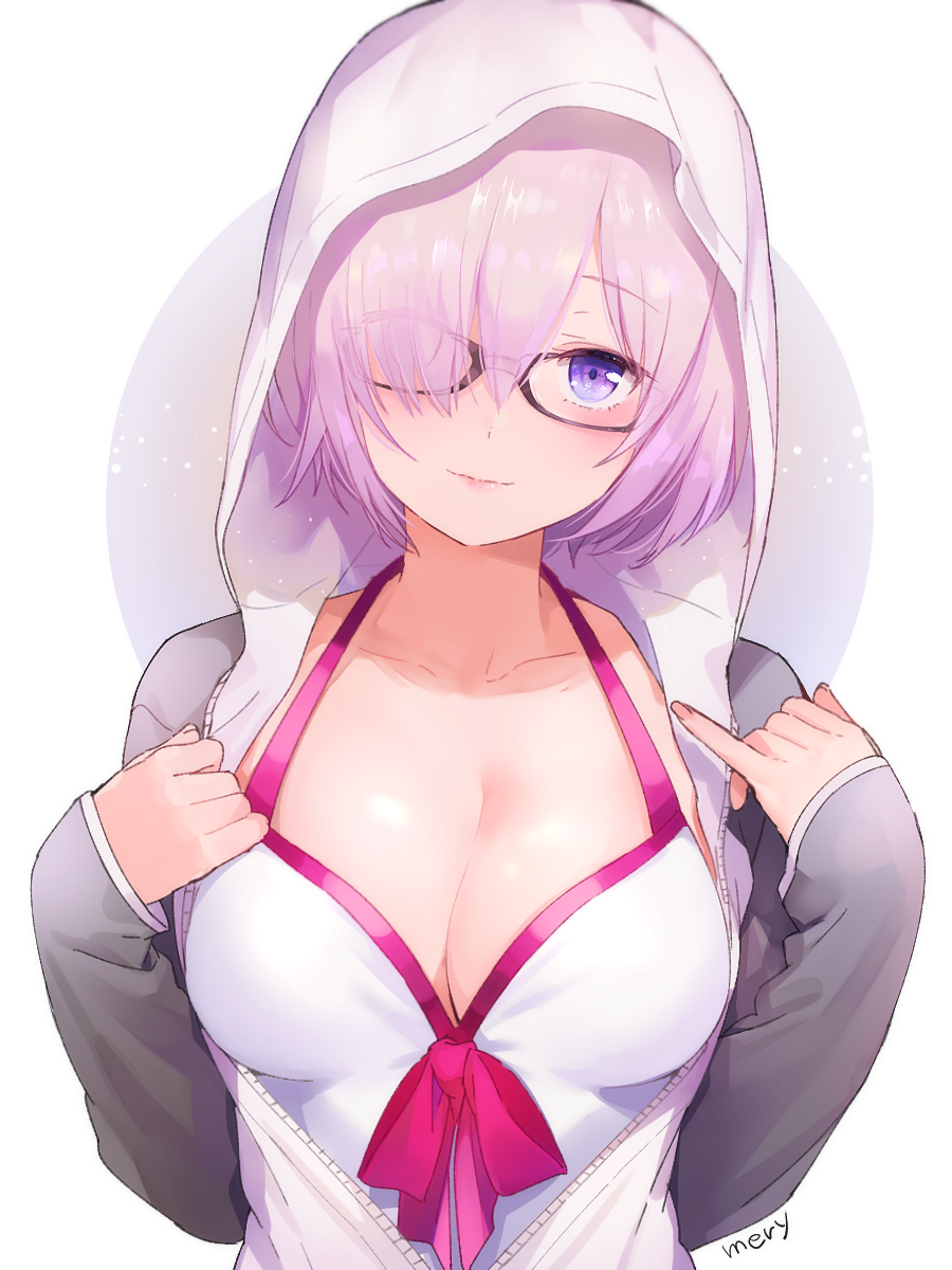 1girl artist_name bangs black-framed_eyewear breasts cleavage closed_mouth collarbone fate/grand_order fate_(series) glasses hair_over_one_eye hands_up highres hood hood_up hoodie large_breasts light_smile looking_at_viewer mery_(apfl0515) semi-rimless_glasses shielder_(fate/grand_order) short_hair signature sleeves_past_wrists smile solo swimsuit under-rim_glasses upper_body white_swimsuit