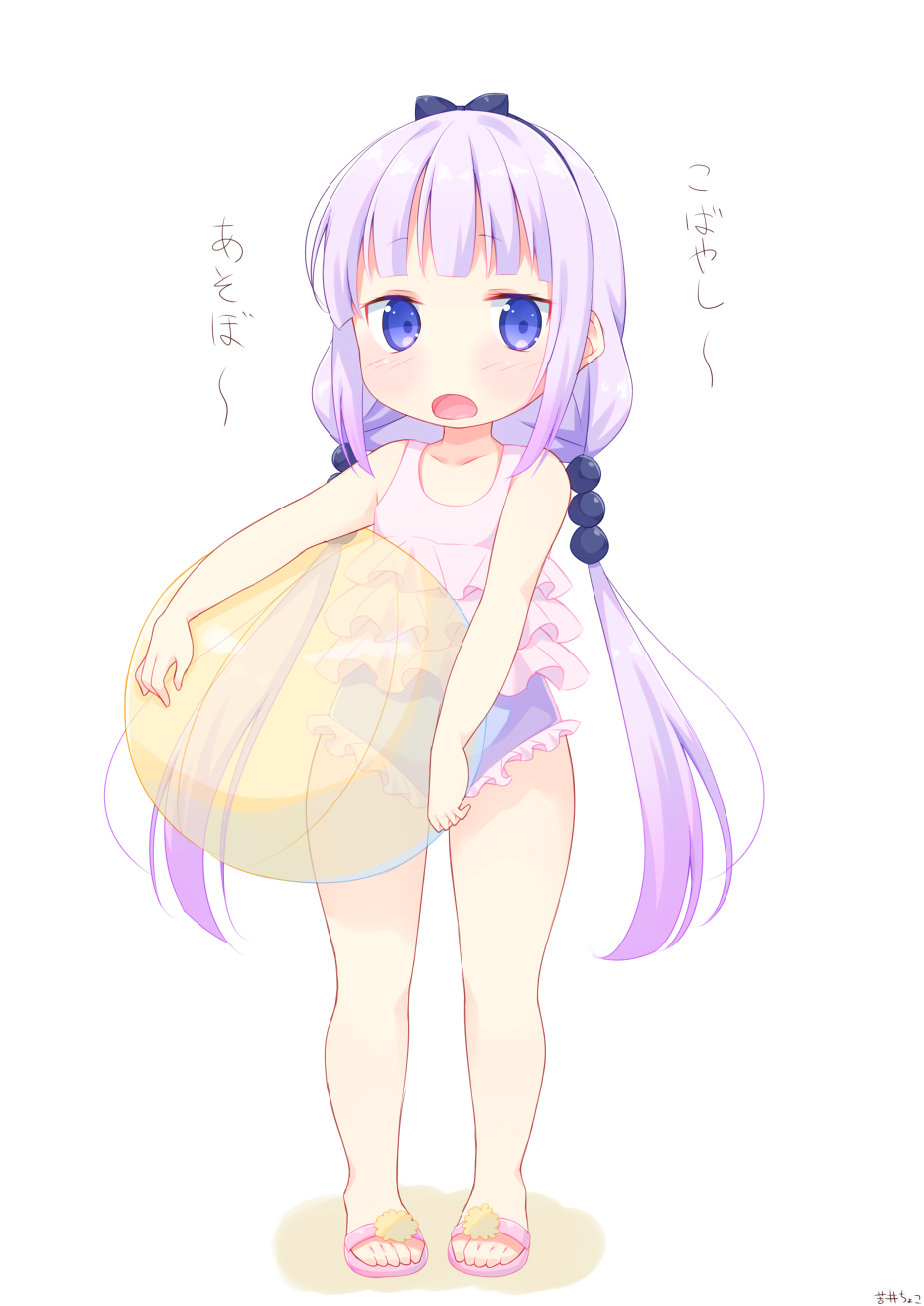 1girl azu_a ball beachball beads blue_eyes casual_one-piece_swimsuit frilled_swimsuit frills full_body hair_beads hair_ornament hairband highres kanna_kamui kobayashi-san_chi_no_maidragon lavender_hair looking_at_viewer one-piece_swimsuit open_mouth sandals simple_background solo standing swimsuit translation_request white_background