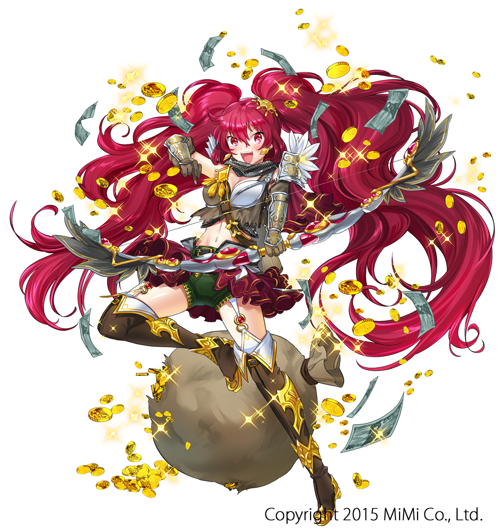 1girl :d bag belt blush boots bow_(weapon) earrings frilled_skirt frills gloves gold holding holding_bow_(weapon) holding_weapon jewelry knee_boots long_hair midriff money moneybag navel official_art ogino_atsuki open_mouth red_eyes red_skirt redhead shinyaku_arcana_slayer short_shorts shorts shorts_under_skirt simple_background skirt smile solo standing standing_on_one_leg suspenders very_long_hair watermark weapon white_background