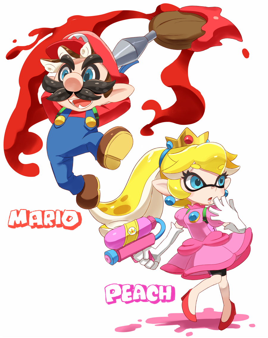 1boy 1girl alternate_weapon arms_behind_head bike_shorts black_shorts blonde_hair blue_eyes brown_hair brown_shoes character_name company_connection coveralls crown domino_mask dress elbow_gloves facial_hair fangs fusion gloves high_heels holding holding_weapon inkbrush_(splatoon) inkling jumping long_hair long_sleeves mario super_mario_bros. mask medium_dress mustache open_mouth paint_splatter parted_lips pink_dress pink_shoes ponytail princess_peach red_shirt riko_(sorube) shirt shoes short_hair shorts shorts_under_dress single_vertical_stripe splatoon splattershot_(splatoon) standing tentacle_hair weapon white_gloves