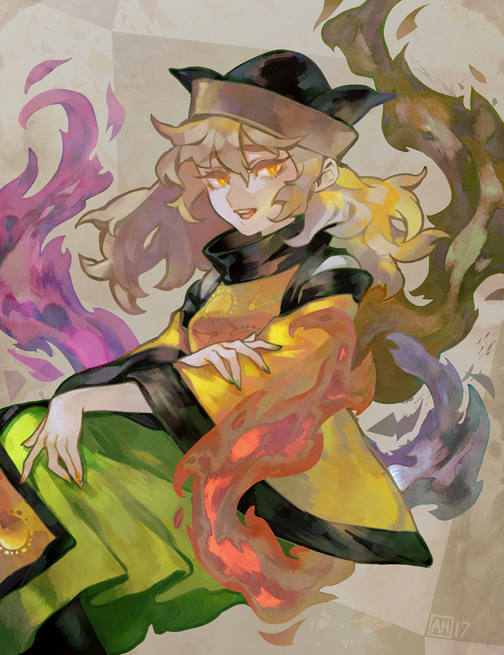1girl :d arlmuffin blonde_hair commentary_request green_skirt hat highres long_hair long_sleeves looking_at_viewer matara_okina nail_polish open_mouth skirt smile solo tabard touhou wide_sleeves yellow_eyes