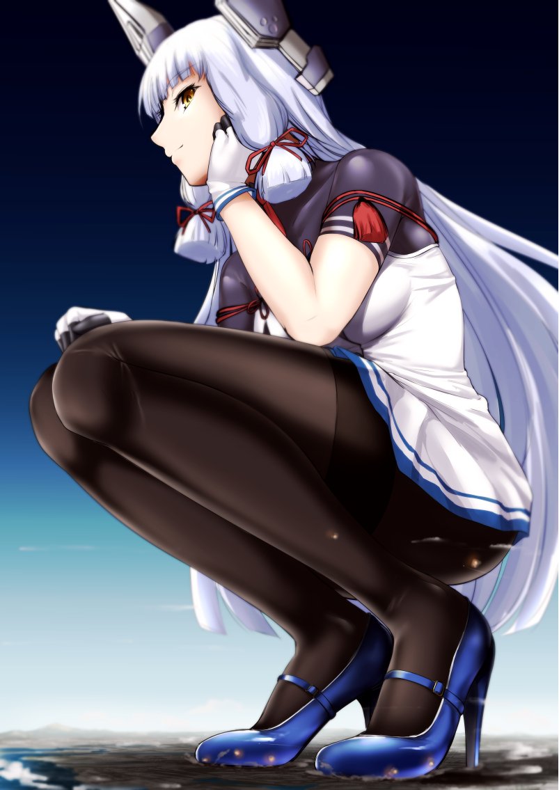 10s 1girl blue_shoes blush bodysuit breasts clouds collarbone destruction dress explosion fingerless_gloves giantess gloves hand_on_own_cheek hand_on_own_knee headgear high_heels hime_cut kantai_collection long_hair looking_at_viewer looking_down medium_breasts murakumo_(kantai_collection) outdoors pantyhose rakia_(ds00309) sailor_dress shoes silver_hair sky smile smug solo squatting tassel thighs very_long_hair white_gloves