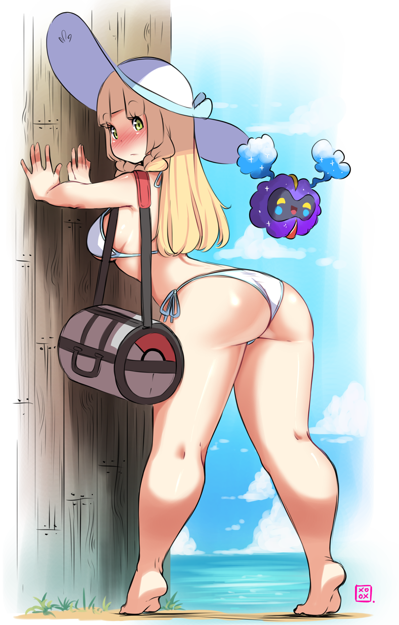 1girl against_wall ass barefoot beach bent_over bikini blonde_hair blush breasts cosmog feet hat highres kenron_toqueen kneepits leaning_forward legs lillie_(pokemon) long_hair ocean pokemon pokemon_(creature) pokemon_(game) pokemon_sm side-tie_bikini sideboob soles sun_hat swimsuit thick_thighs thighs white_bikini wide_hips