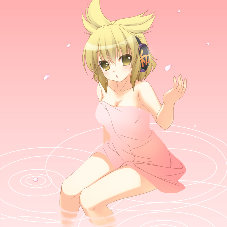 1girl bangs blonde_hair blush breasts cleavage collarbone earmuffs looking_at_viewer medium_breasts naked_towel parted_lips partially_submerged pointy_hair solo takatsukasa_yue touhou towel toyosatomimi_no_miko yellow_eyes