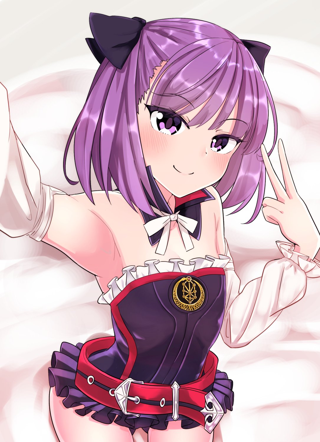 1girl arm_up armpits bare_shoulders belt black_leotard chawan_(yultutari) detached_sleeves fate/grand_order fate_(series) from_above helena_blavatsky_(fate/grand_order) highres leotard looking_up lying on_back purple_hair ribbon self_shot short_hair smile solo strapless strapless_leotard v violet_eyes