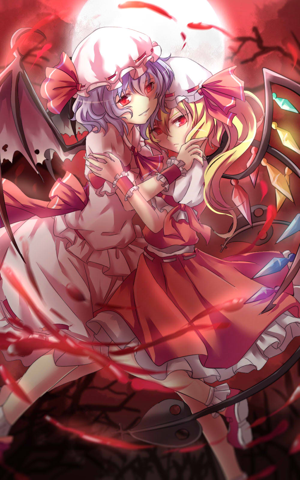 2girls backlighting bat_wings blonde_hair bobby_socks closed_mouth crystal flandre_scarlet hair_between_eyes hat hat_ribbon highres laevatein lavender_hair looking_at_viewer mary_janes mob_cap moon multiple_girls nga_(artist) parted_lips puffy_short_sleeves puffy_sleeves red_eyes red_moon red_ribbon remilia_scarlet ribbon shoes short_sleeves siblings side_ponytail sisters skirt skirt_set smile socks touhou wings wrist_cuffs