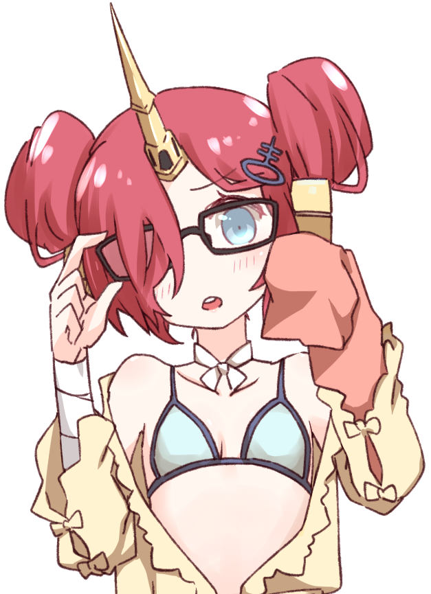 1girl :o adjusting_glasses bandage berserker_of_black bespectacled bikini blue_bikini blue_eyes blush collarbone double_bun fate/grand_order fate_(series) frankenstein's_monster_(swimsuit_saber)_(fate) glasses hair_ornament hair_over_one_eye hairclip horn i.u.y looking_at_viewer redhead simple_background sleeves_past_wrists solo swimsuit upper_body white_background
