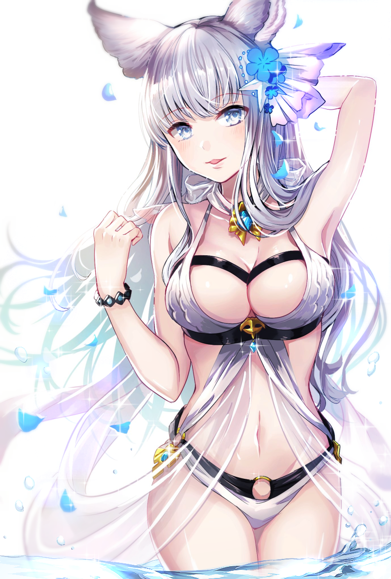1girl animal_ears arm_up armpits bangle bikini blue_eyes blush bracelet breasts erun_(granblue_fantasy) eyebrows_visible_through_hair glint granblue_fantasy hand_behind_head head_tilt jewelry korwa large_breasts long_hair looking_at_viewer myusha parted_lips partially_translated petals silver_hair smile solo sparkle standing swimsuit translation_request very_long_hair water white_background white_bikini