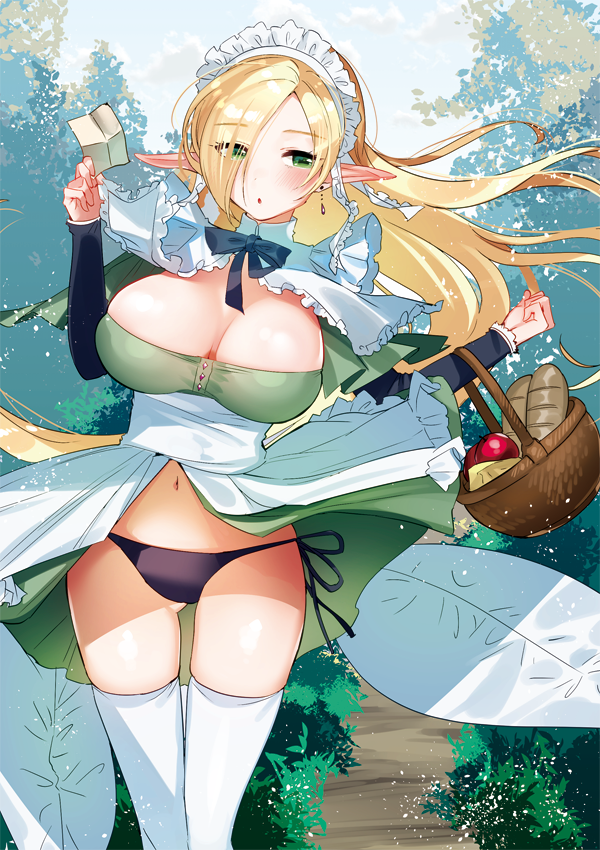 1girl apron basket black_panties blonde_hair blush boku_to_elf_maid_shimai_no_sanningurashi breasts cleavage dress elf eyebrows_visible_through_hair eyes_visible_through_hair floating_hair frilled_apron frills green_eyes hair_over_one_eye holding holding_basket holding_paper large_breasts long_hair maid maid_headdress note official_art ogino_atsuki panties paper parted_lips pointy_ears side-tie_panties solo standing thigh-highs thighs tsurime underbust underwear white_dress white_legwear