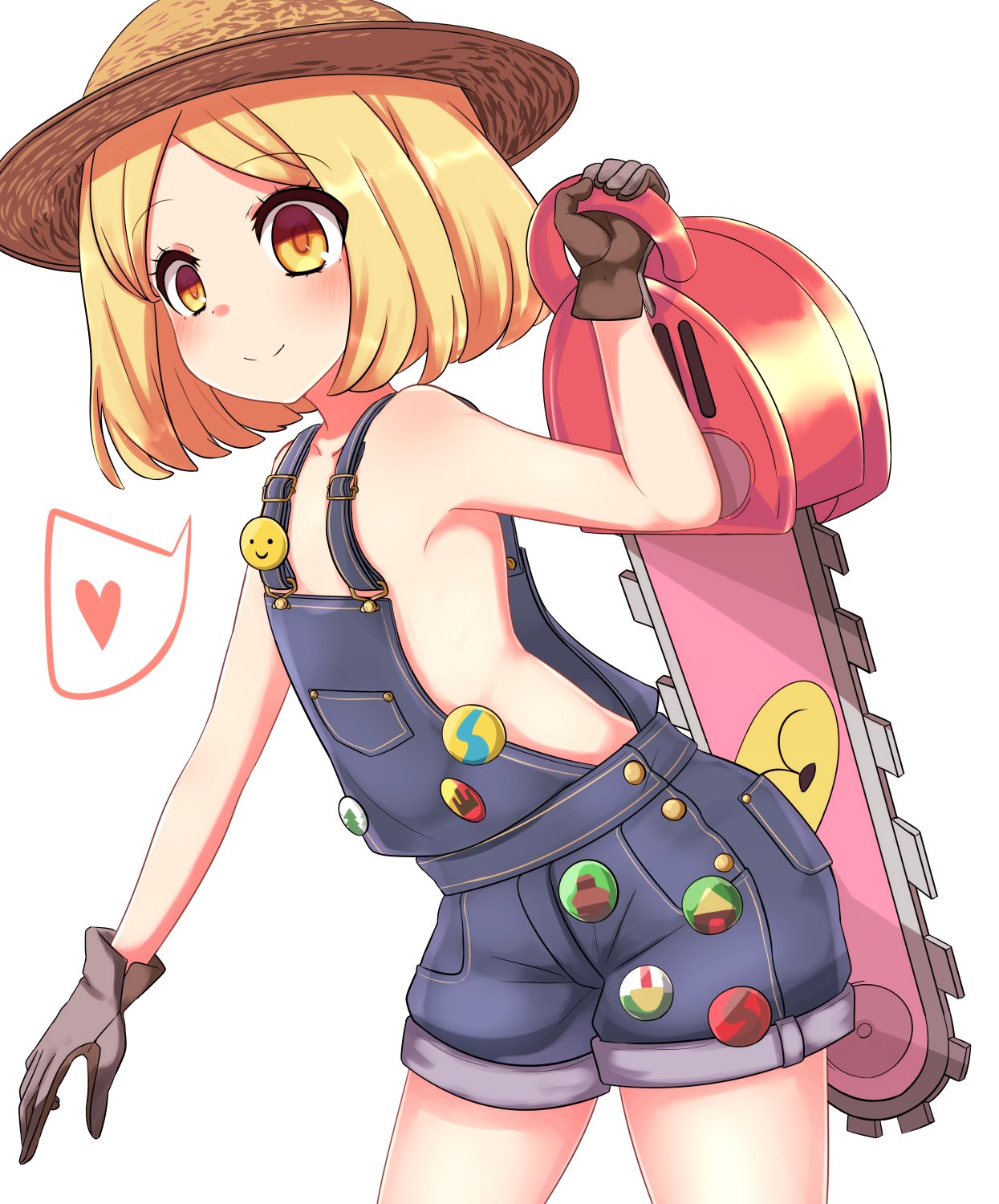 1girl arm_up armpits badge blonde_hair chainsaw chawan_(yultutari) denim denim_shorts fate/grand_order fate_(series) flat_chest gloves hat heart highres holding naked_overalls overalls paul_bunyan_(fate/grand_order) short_hair short_shorts shorts smile solo spoken_heart sun_hat weapon yellow_eyes