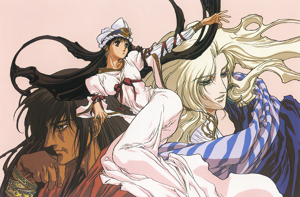 1girl 2boys 90s blonde_hair blue_eyes boice bracelet brown_eyes brown_hair dark_skin dress earrings floating_hair green_eyes hand_on_own_chin headdress heterochromia jewelry kaze_no_tairiku long_hair long_sleeves lying multiple_boys official_art on_stomach outstretched_arm parted_lips pink_background simple_background tieh twisted_torso yuuki_nobuteru