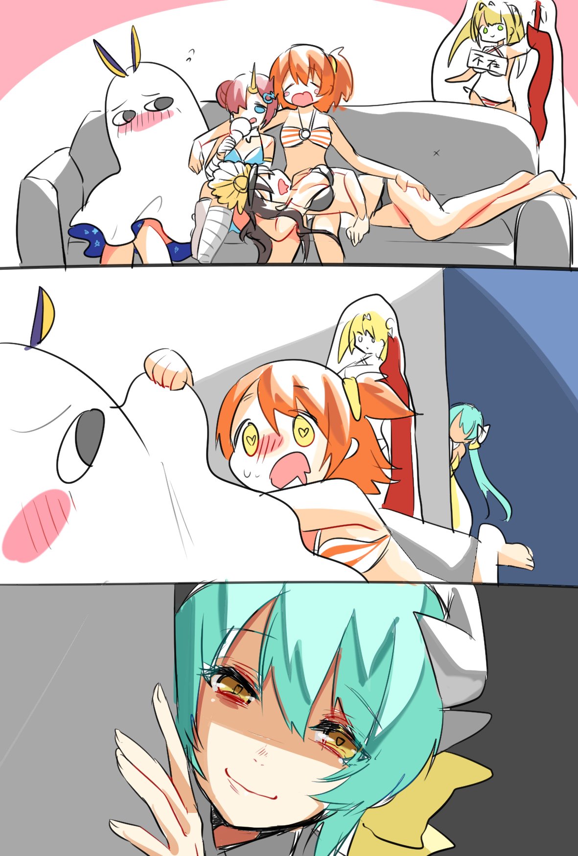 3koma 5girls alternate_costume animal_ears ayamori_mimi bags_under_eyes bandage bed_sheet berserker_of_black bikini blonde_hair blue_eyes blush blush_stickers closed_eyes colored comic couch cutout drooling eyebrows_visible_through_hair fate/grand_order fate_(series) fujimaru_ritsuka_(female) green_eyes green_hair hair_bun hands hat heart heart-shaped_pupils highres horns kiyohime_(fate/grand_order) looking_afar multiple_girls nero_claudius_(swimsuit_caster)_(fate) nitocris_(fate/grand_order) nitocris_(swimsuit_assassin)_(fate) oda_nobunaga_(swimsuit_berserker)_(fate) orange_hair saber_extra side_ponytail smile sweatdrop swimsuit symbol-shaped_pupils yellow_eyes