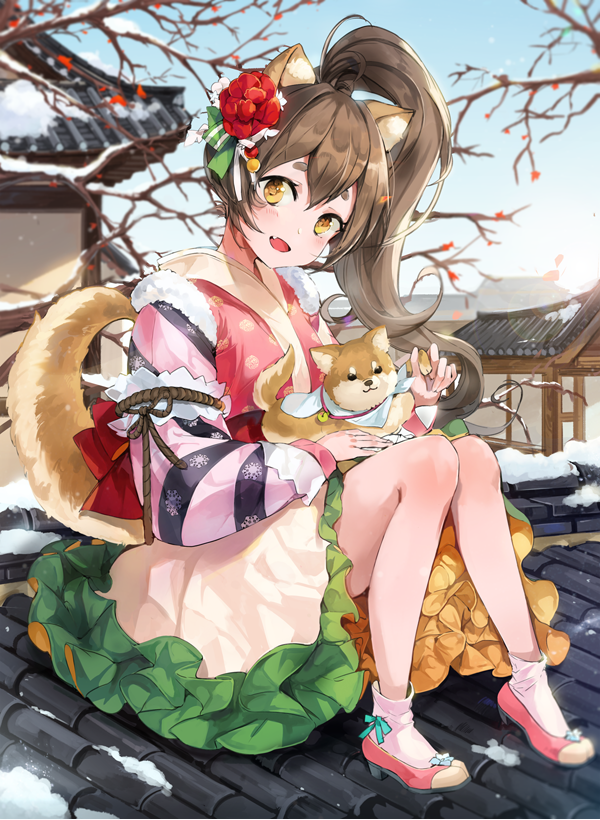 1girl :d animal animal_ears animal_on_lap bangs blue_sky blush bosack brown_eyes brown_hair day dog dog_ears dog_girl dog_tail fang flower full_body hair_between_eyes hair_flower hair_ornament hanbok head_tilt high_heels high_ponytail korean_clothes long_hair long_sleeves looking_at_viewer on_roof open_mouth original outdoors pink_footwear ponytail red_flower rooftop sitting sky smile snow socks solo sunlight tail thick_eyebrows very_long_hair white_legwear