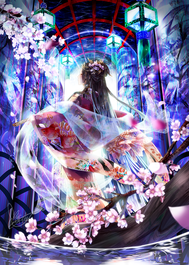 1girl absurdly_long_hair arch black_hair cherry_blossoms closed_eyes closed_fan facing_away fan fish flower folding_fan from_behind goldfish hagoromo hair_flower hair_ornament hands_in_sleeves hanging_light japanese_clothes kimono long_hair original outstretched_arm petals pillar print_kimono shawl solo standing tree_branch tyouya very_long_hair water