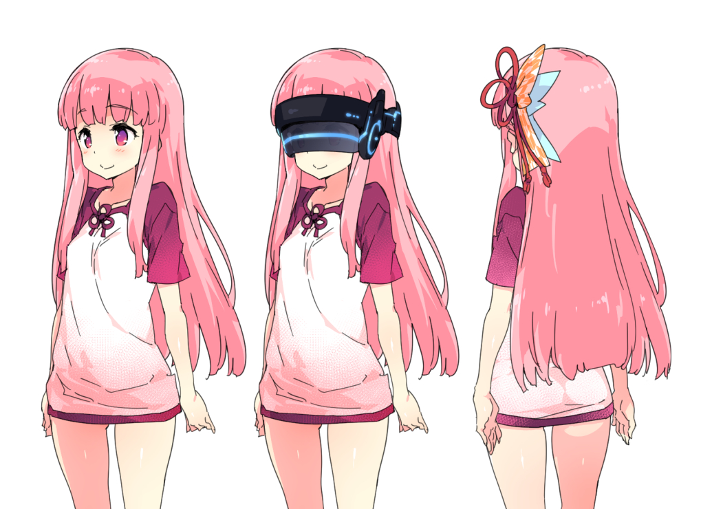 1girl bangs blunt_bangs cowboy_shot eyebrows_visible_through_hair hair_ornament hair_ribbon kotonoha_akane long_hair petenshi_(dr._vermilion) pink_hair red_eyes ribbon smile solo standing voiceroid vr_visor