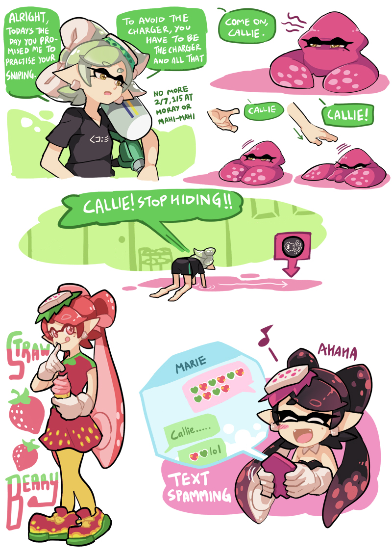 +_+ :p aori_(splatoon) bent_over black_hair black_shirt black_shorts brown_eyes casual cellphone closed_eyes comic cousins detached_collar domino_mask dress e-liter_3k_(splatoon) earrings eating english fangs food food_on_head fruit fume gloves grey_hair holding holding_cellphone holding_food holding_phone holding_weapon hotaru_(splatoon) ice_cream_cone jewelry kneeling long_hair mask mole mole_under_eye musical_note object_on_head open_mouth phone pink_dress pointy_ears pout quaver shirt short_hair short_sleeves shorts smartphone smile splatoon squid standing strapless strawberry t-shirt tentacle_hair tongue tongue_out weapon white_gloves wong_ying_chee