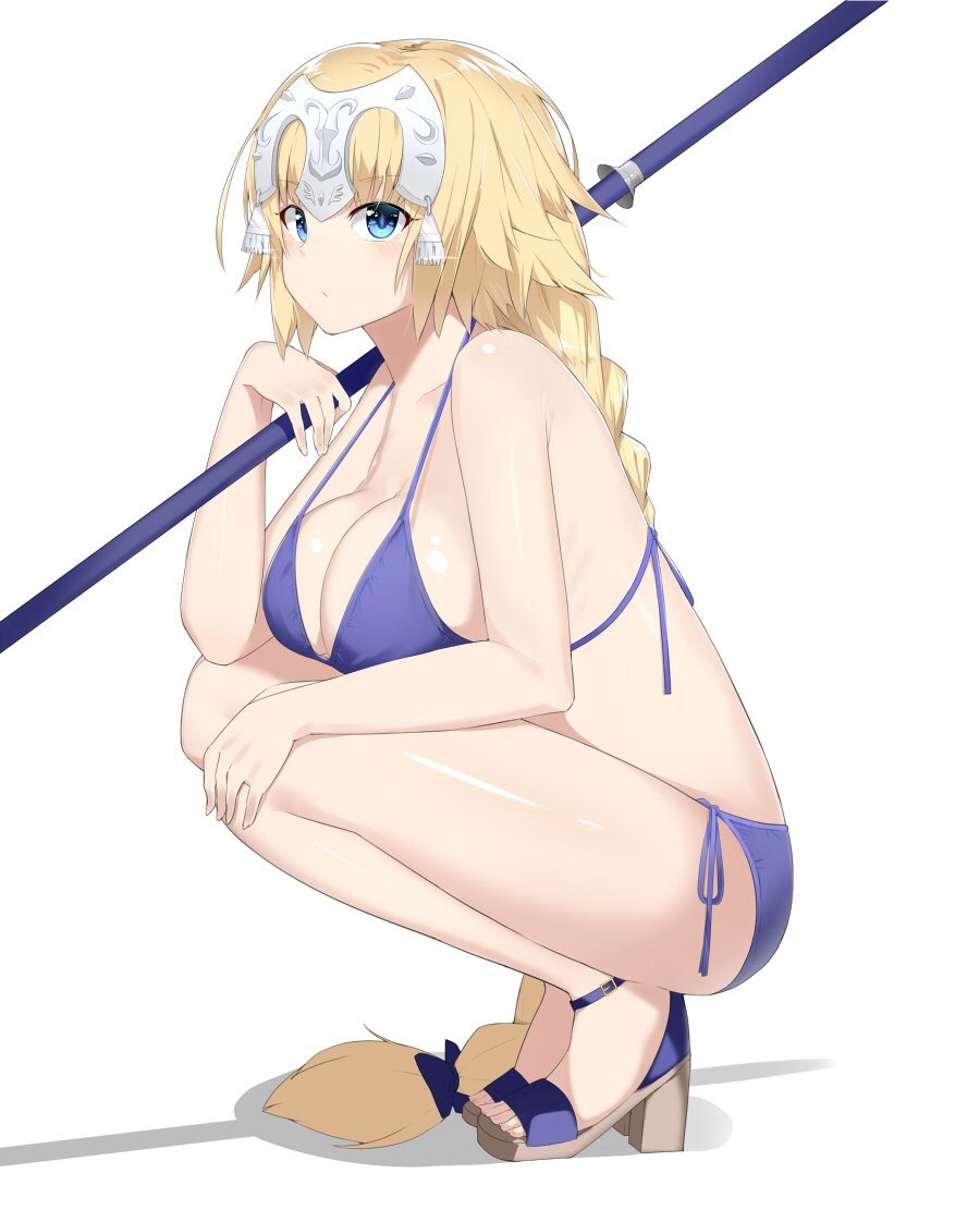 bikini blonde_hair blue_eyes braid breast_rest breasts cleavage eyebrows_visible_through_hair fate/apocrypha fate_(series) from_side glint headpiece high_heels large_breasts long_hair purple_bikini ruler_(fate/apocrypha) side-tie_bikini simple_background single_braid squatting strap_gap suzuharu_toufu swimsuit very_long_hair white_background