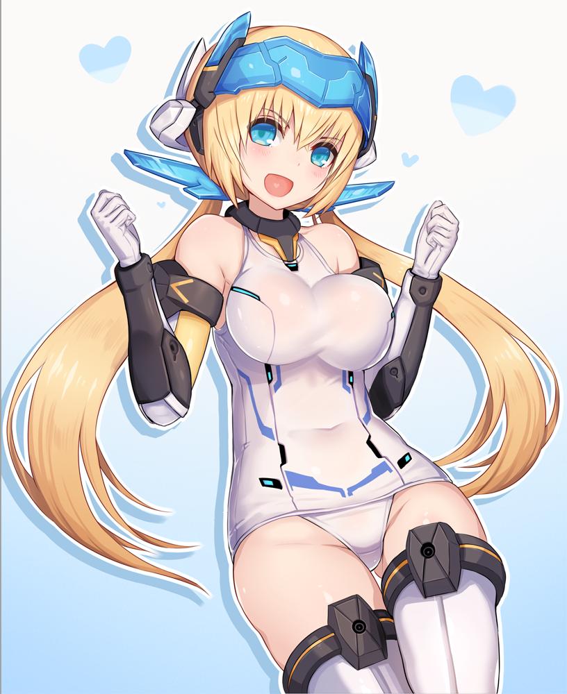 1girl 2d bangs blue_background blush breasts covered_navel cowboy_shot eyebrows_visible_through_hair frame_arms_girl gradient gradient_background hair_between_eyes hands_up headgear heart hresvelgr large_breasts long_hair looking_at_viewer low_twintails mecha_musume open_mouth school_swimsuit shadow sidelocks smile solo swimsuit thigh-highs twintails white_legwear white_school_swimsuit white_swimsuit