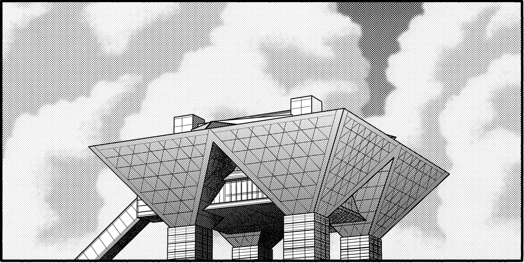 aoki_hagane_no_arpeggio building clouds commentary_request greyscale kaname_aomame monochrome no_humans real_life sky tokyo_big_sight