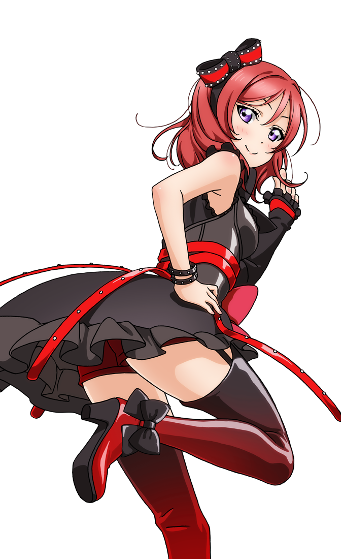 1girl armpits artist_request bare_shoulders blush boots bow bracelet detached_sleeves garter_straps hair_bow hand_on_hip high_heel_boots high_heels jewelry looking_at_viewer love_live! love_live!_school_idol_festival love_live!_school_idol_festival_after_school_activity love_live!_school_idol_project nishikino_maki official_art punk redhead shorts single_detached_sleeve smile solo thigh-highs thigh_boots transparent_background violet_eyes
