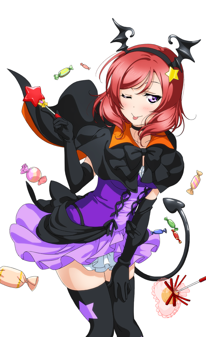 1girl ;p artist_request bat_wings blush bow candy choker collarbone dancing_stars_on_me! demon_tail dress elbow_gloves food gloves hair_ornament halloween holding looking_at_viewer love_live! love_live!_school_idol_festival love_live!_school_idol_festival_after_school_activity love_live!_school_idol_project nishikino_maki official_art one_eye_closed redhead short_hair smile solo star star_hair_ornament tail thigh-highs tongue tongue_out transparent_background violet_eyes wings zettai_ryouiki