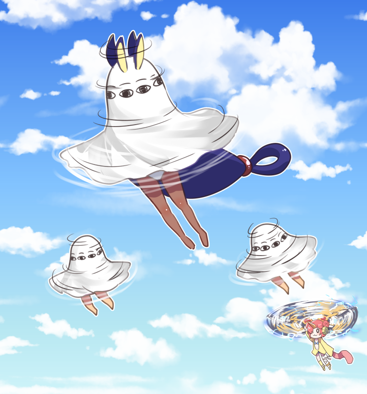 2girls berserker_of_black clouds fate/grand_order fate_(series) flying long_hair low-tied_long_hair medjed multiple_girls nitocris_(swimsuit_assassin)_(fate) one_eye_covered spinning tomoyohi