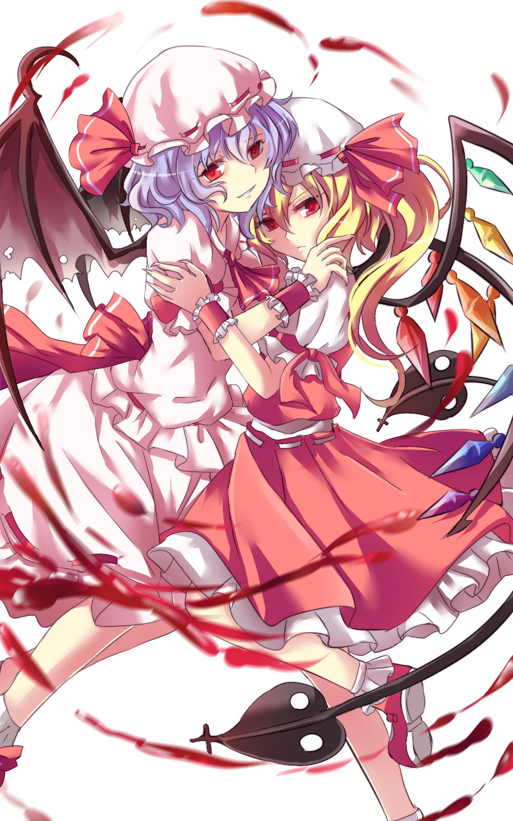 2girls bat_wings blonde_hair bobby_socks closed_mouth crystal flandre_scarlet hair_between_eyes hat hat_ribbon highres laevatein lavender_hair looking_at_viewer mary_janes mob_cap multiple_girls nga_(artist) parted_lips puffy_short_sleeves puffy_sleeves red_eyes red_ribbon remilia_scarlet ribbon shoes short_sleeves siblings side_ponytail simple_background sisters skirt skirt_set smile socks touhou white_background wings wrist_cuffs