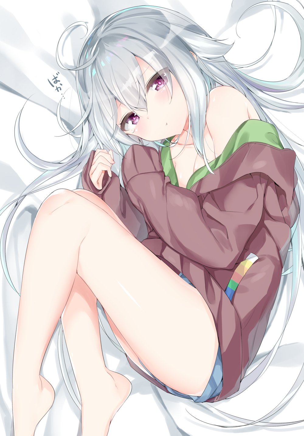 :t ahoge bare_legs barefoot breasts cleavage hair_between_eyes highres kamioka_shun'ya legs_up long_hair long_sleeves looking_at_viewer lying off_shoulder on_bed on_side original short_shorts shorts silver_hair sleeves_past_wrists small_breasts tears violet_eyes