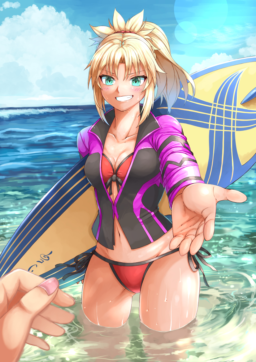 1girl bikini blonde_hair blue_sky blush breasts cleavage clouds commentary_request day fate/apocrypha fate/grand_order fate_(series) fingernails green_eyes grin lens_flare long_hair looking_at_viewer medium_breasts mordred_(swimsuit_rider)_(fate) nail_polish navel ocean ohako_(ohako1818) outstretched_arm partially_submerged ponytail pov pov_hands rash_guard red_bikini saber_of_red side-tie_bikini sky smile solo surfboard swimsuit tan teeth water wet