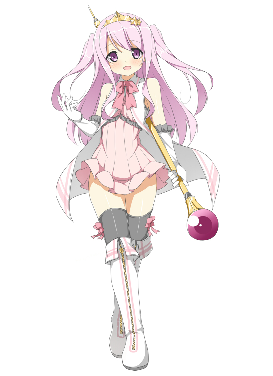 1girl :d bare_shoulders black_legwear blush boots bow cloak dress elbow_gloves eyebrows_visible_through_hair frilled_dress frilled_gloves frills full_body gloves hair_ornament hatsunatsu head_tilt highres holding holding_staff knee_boots long_hair looking_at_viewer open_mouth orb original pink_bow pink_dress pink_hair pleated_dress short_dress simple_background sleeveless smile solo staff standing star star_hair_ornament tareme thigh-highs tiara two_side_up violet_eyes white_background white_cloak white_gloves zipper zipper_pull_tab