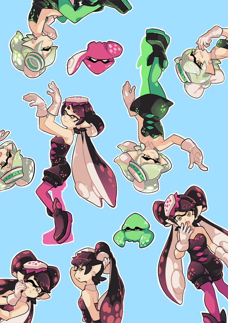 +_+ 2girls ankle_boots aori_(splatoon) black_boots black_dress black_jumpsuit blue_background boots closed_eyes closed_mouth cousins detached_collar domino_mask dress earrings expressions food food_on_face food_on_head gloves green_legwear grey_hair grin hotaru_(splatoon) invisible_chair jewelry long_hair looking_at_viewer mask mole mole_under_eye multiple_girls object_on_head open_mouth pointy_ears poses purple_legwear short_dress short_hair short_jumpsuit simple_background sitting smile splatoon squid squidbeak_splatoon standing strapless strapless_dress sushi tentacle_hair white_gloves wong_ying_chee