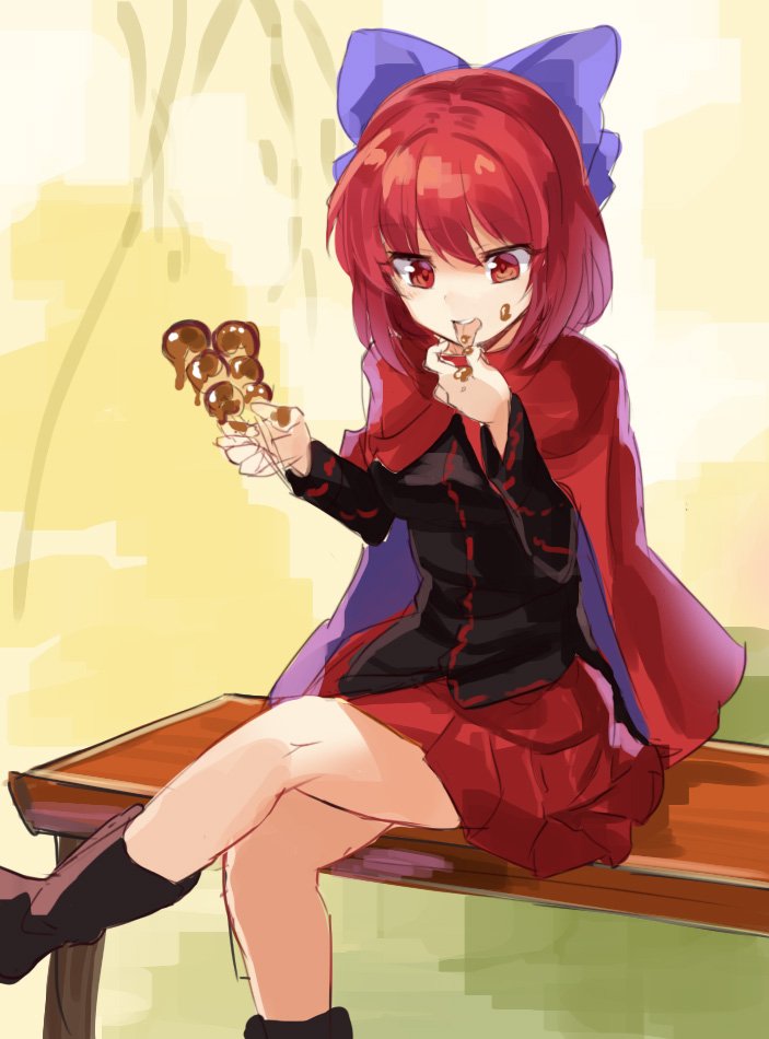 1girl bare_legs blouse blue_bow boots bow brown_boots cape eating food hair_bow holding holding_food legs_crossed long_sleeves messy miniskirt red_eyes red_skirt redhead rin_falcon sekibanki sitting sketch skirt solo tongue tongue_out touhou