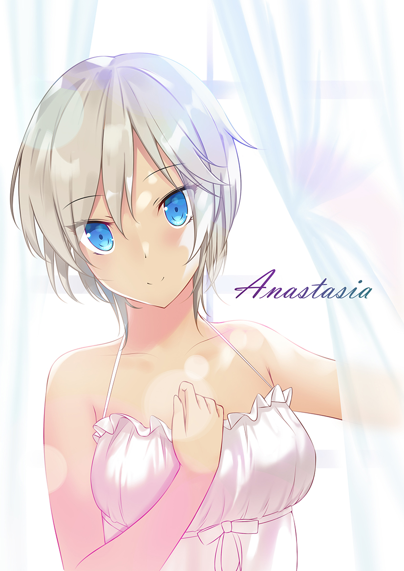 10s 1girl anastasia_(idolmaster) bare_arms bare_shoulders blue_eyes blush breasts camisole character_name closed_mouth collarbone halterneck idolmaster idolmaster_cinderella_girls large_breasts looking_at_viewer majin_(kiidoumajin) short_hair silver_hair smile solo upper_body