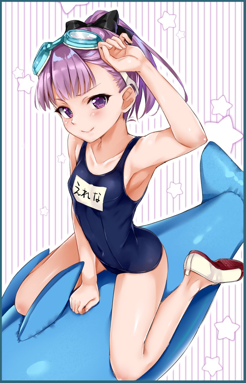 1girl arm_up armpits bow breasts character_name collarbone commentary_request covered_navel fate/grand_order fate_(series) goggles goggles_on_head hair_bow helena_blavatsky_(fate/grand_order) highres inflatable_dolphin inflatable_toy looking_at_viewer mishin_(mbmnk) name_tag ponytail purple_hair school_swimsuit shoes short_hair small_breasts smile sneakers solo star starry_background straddling striped swimsuit vertical-striped_background vertical_stripes violet_eyes