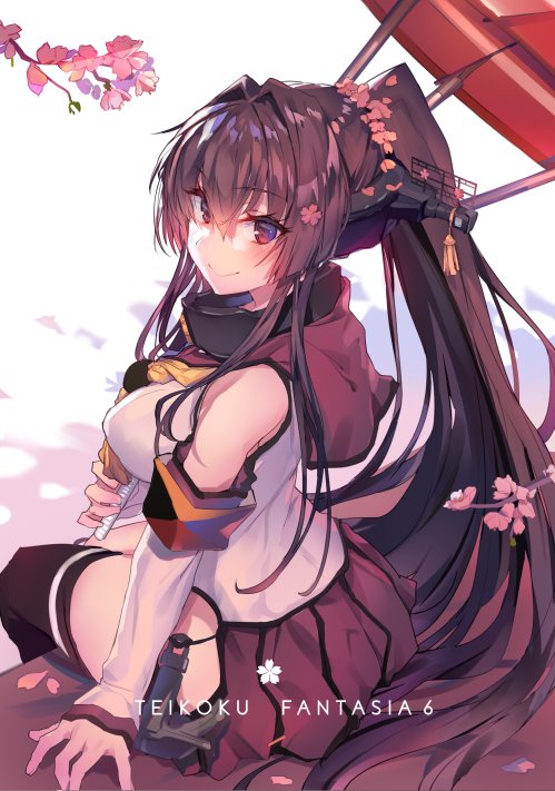 10s 1girl anchor asymmetrical_legwear bare_shoulders blush breasts brown_eyes brown_hair cherry_blossoms closed_mouth collar detached_sleeves from_above from_behind hair_intakes headgear hip_vent kantai_collection large_breasts long_hair looking_at_viewer looking_back miniskirt oriental_umbrella petals pleated_skirt ponytail red_skirt sitting skirt smile solo soukou_makura thigh-highs tree umbrella very_long_hair yamato_(kantai_collection) z_flag