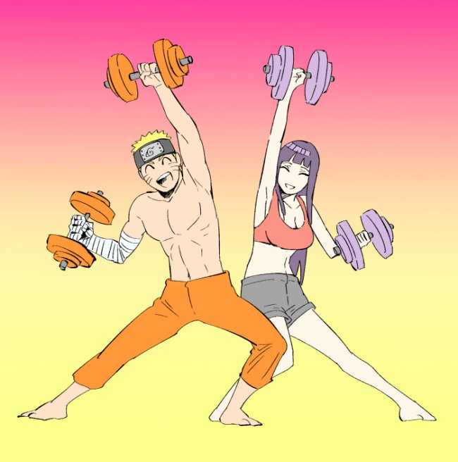 bandage bandaged_arm barefoot blonde_hair breasts cleavage closed_eyes dumbbell fes891 forehead_protector hime_cut husband_and_wife hyuuga_hinata naruto naruto:_the_last navel open_mouth pose purple_hair shirtless shorts smile spiky_hair stomach toned toned_male uzumaki_naruto whisker_markings whiskers