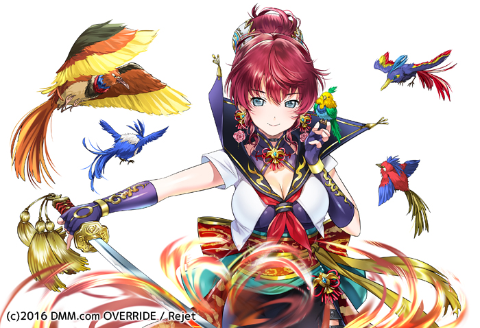 1girl aura bird bird_on_hand blue_eyes blue_gloves blush breasts cleavage closed_mouth commentary_request earrings elbow_gloves fingerless_gloves gloves hair_bun high_collar holding holding_sword holding_weapon icchi_banketsu jewelry katana large_breasts neckerchief official_art ogino_atsuki red_neckerchief redhead ribbon school_uniform shirt simple_background smile sword upper_body watermark weapon white_background white_shirt