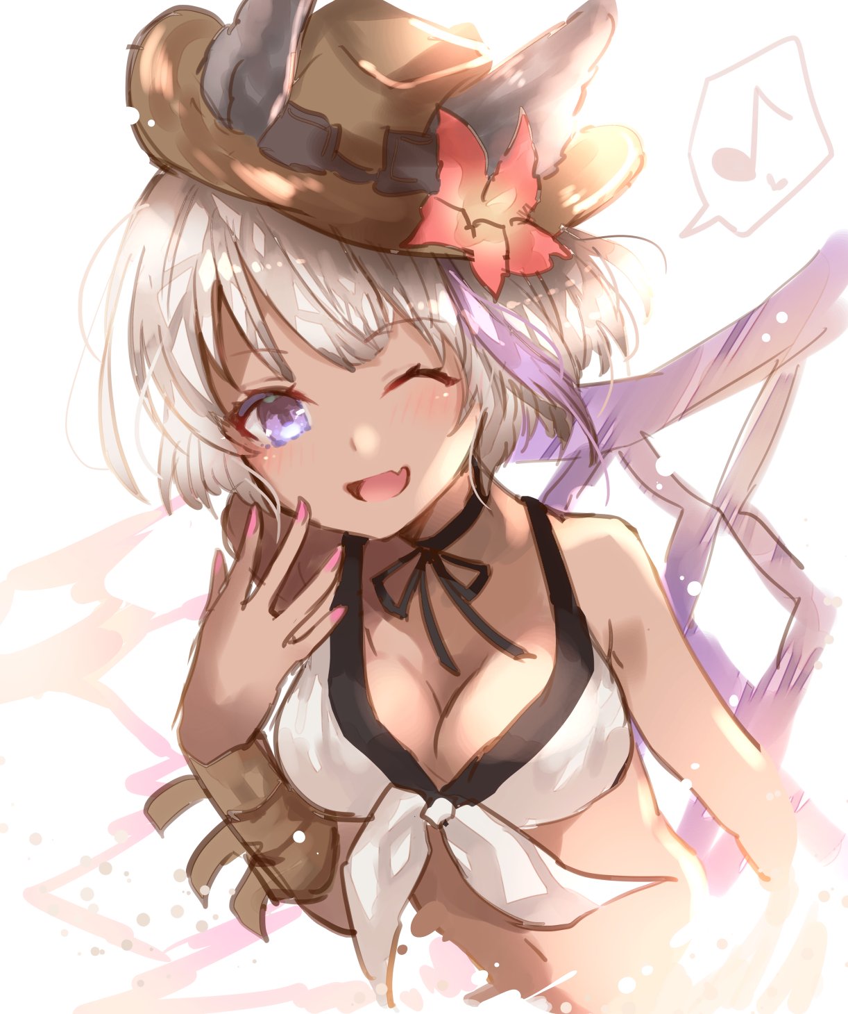 1girl ;d alternate_costume animal_ears bikini_top chloe_(granblue_fantasy) colored dark_skin erun_(granblue_fantasy) eyebrows_visible_through_hair fang fang_out flower goggles granblue_fantasy hat hat_flower highres multicolored_hair one_eye_closed open_mouth purple_hair short_hair silver_hair simple_background smile sweetroad tan two-tone_hair violet_eyes